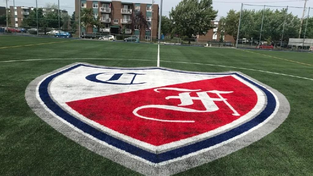Synthetic soccer field at Collège Français featuring large center field logo, marked playing lines, fenced perimeter, and surrounding urban neighborhood.