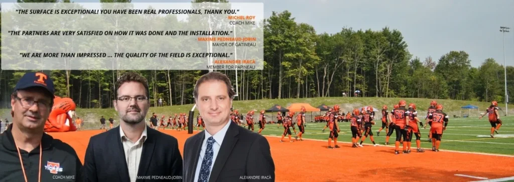 GTR Turf client testimonials featuring coaches and officials praising synthetic turf field quality and professional installation