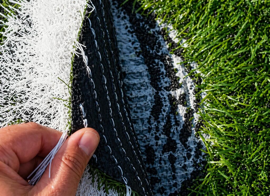 Close-up of GTR Turf synthetic grass seam inspection showing lifted turf backing, seam structure, and professional sports field repair process.