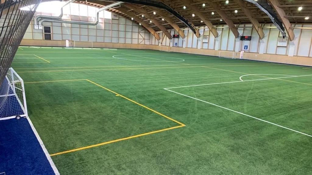 Spacious indoor synthetic soccer field arena with marked playing lines, goalposts, high wooden ceiling structure, and bright overhead lighting.