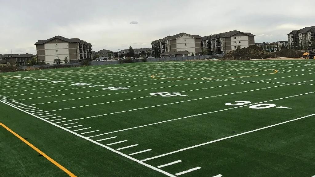 Large synthetic football field with marked yard lines located near residential buildings under an overcast sky.