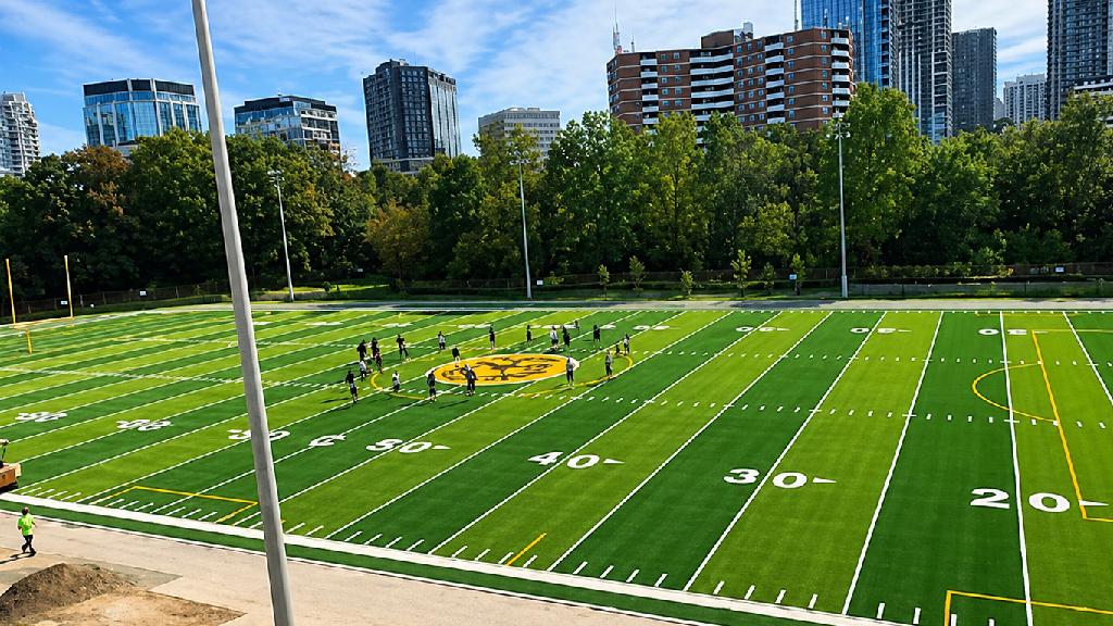 Synthetic multi-sport field in an urban setting with football yard lines, soccer activity, stadium lights, and city skyline in the background.